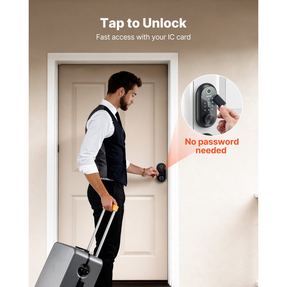 VEVOR Fingerprint Door Lock, Electronic Biometric Deadbolt with Touchscreen, Auto Locking, One-Time Code, Anti-Peeking Password, Keyless Entry Door Lock with IC Cards, for Home, Apartment, Matte Black