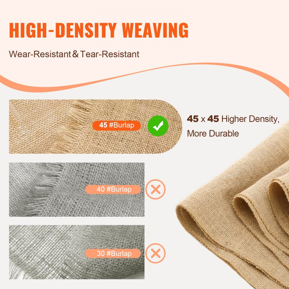 VEVOR Burlap Fabric Roll, 14 in x 30 ft & 50 x 50 High Density Wide Natural Burlap Fabric Rolls, Jute Fabric Burlap Tree Wrap Roll, for Decor, Crafts, Wedding, Gardening, Plant & Tree Winter Covering