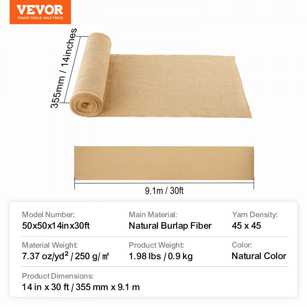 VEVOR Burlap Fabric Roll, 14 in x 30 ft & 50 x 50 High Density Wide Natural Burlap Fabric Rolls, Jute Fabric Burlap Tree Wrap Roll, for Decor, Crafts, Wedding, Gardening, Plant & Tree Winter Covering