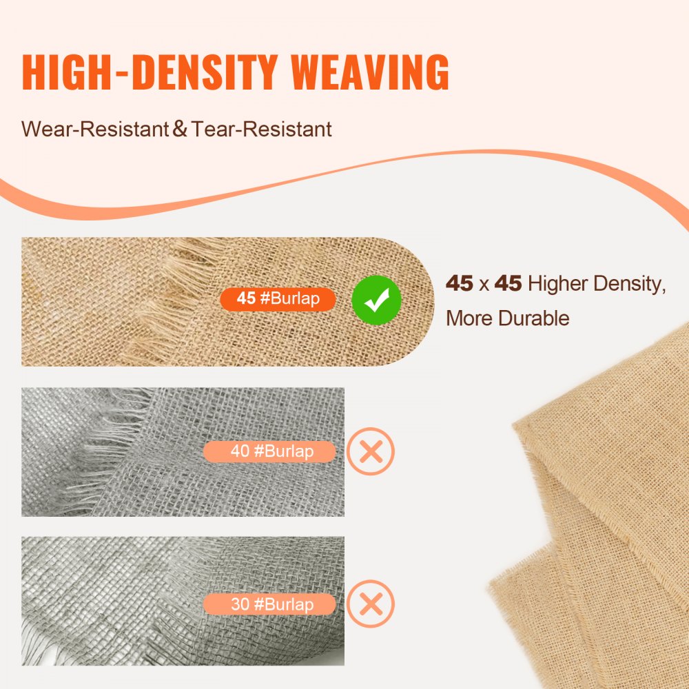 VEVOR Burlap Fabric Roll, 40” x 300 ft & 45 x 45 High Density Wide Natural Burlap Fabric Rolls, Jute Fabric Burlap Tree Wrap Roll, for Decor, Crafts, Wedding, Gardening, Plant & Tree Winter Covering