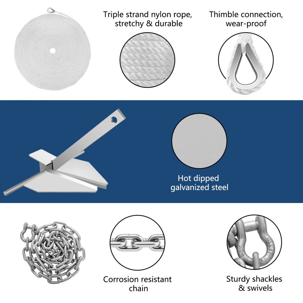 VEVOR Boat Anchor Kit 13 lb Fluke Style Anchor, Hot Dipped Galvanized Steel Fluke Anchor, Marine Anchor with Anchor, Shackles, Chain, Rope for Boat Mooring on The Beach, Boats from 20'-32'