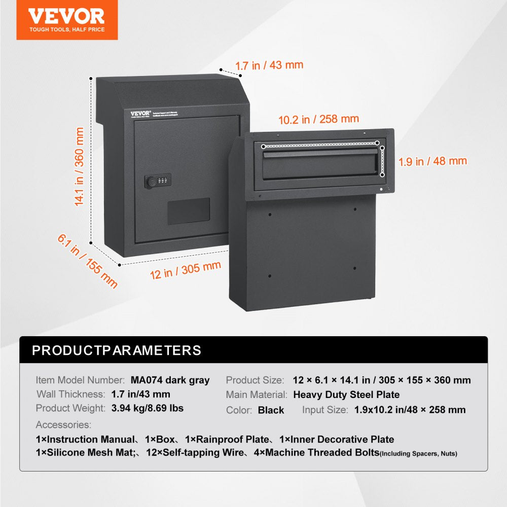 VEVOR Sturdy Metal Key Locker, Combo Lock, Mountable on Wall, 12'', Charcoal Gray, Ensures Safe Keeping of Mail and Keys