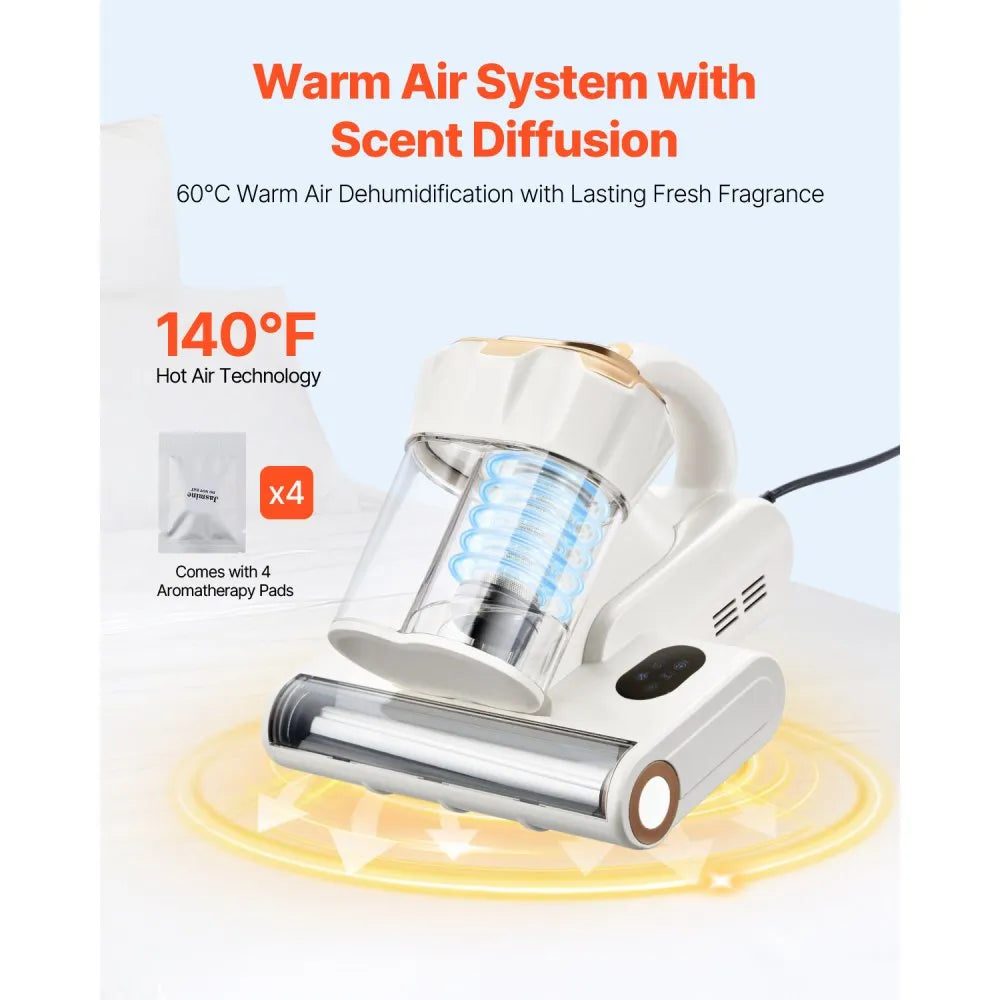 VEVOR Mattress Vacuum Cleaner, 550W Bed Vacuum Cleaner with 18Kpa Powerful Suction and Dual Dust Bin, HEPA Filter & Heating, Ultrasound Tech & Cleaning Lights, Handheld for Bed, Sofa, Corded, White
