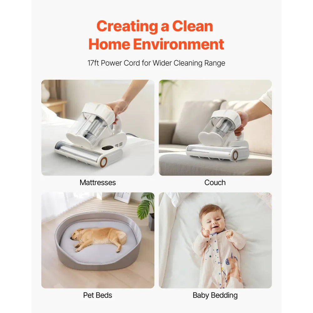 VEVOR Mattress Vacuum Cleaner, 550W Bed Vacuum Cleaner with 18Kpa Powerful Suction and Dual Dust Bin, HEPA Filter & Heating, Ultrasound Tech & Cleaning Lights, Handheld for Bed, Sofa, Corded, White