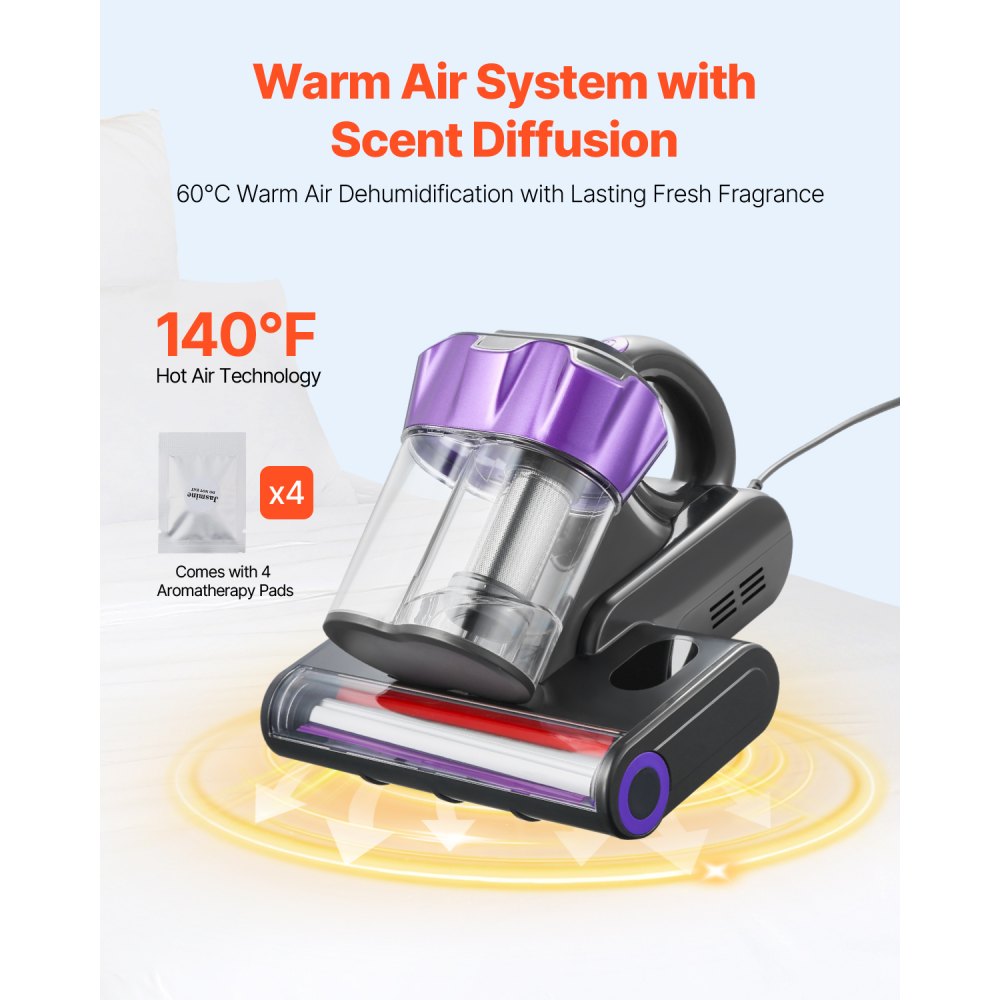 VEVOR Mattress Vacuum Cleaner, 550W Bed Vacuum Cleaner with 18Kpa Powerful Suction and Dual Dust Bin, HEPA Filter & Heating, Ultrasound Tech & Cleaning Lights, Handheld for Bed, Sofa, Corded, Gray