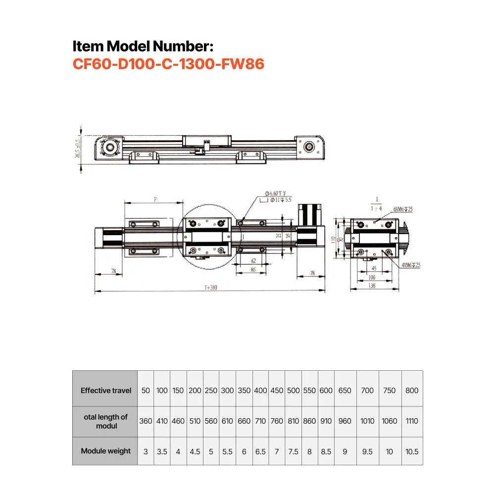 VEVOR Linear Guide Rail, Belt Drive, CNC Linear Motion Stage Actuator, with Nema34 Stepper Motor, 1300 mm Stroke Work Size, High Speed Motorized, for Engraving Machine, CNC Milling Machine, 3D Printer