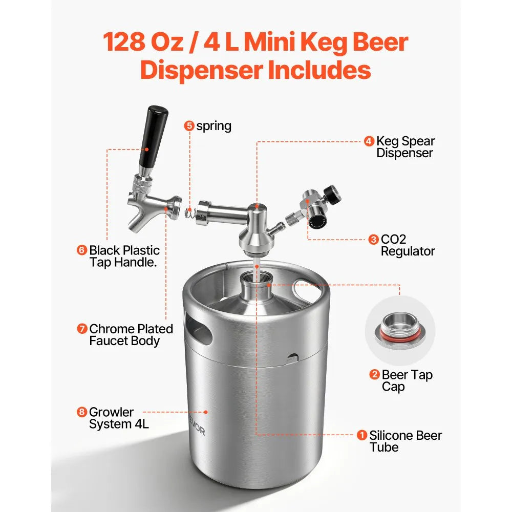 VEVOR 128oz Mini Keg, Pressurized Growler Tap System, 304 Stainless Steel Beer Kit, with Co2 Regulator, Self-Closing Faucet, Keeps Fresh and Carbonation for Homebrew, Craft and Draft Beer