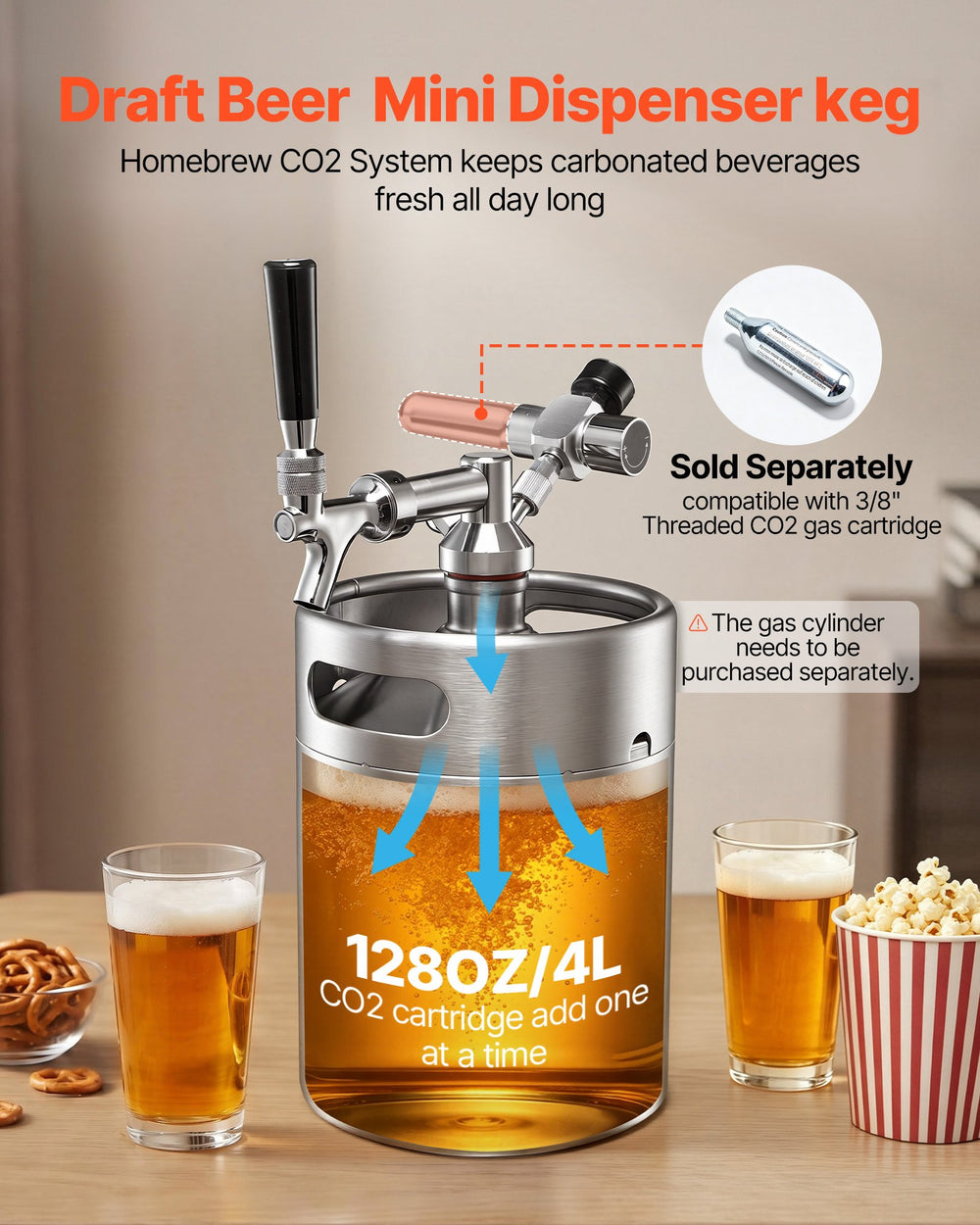 VEVOR 128oz Mini Keg, Pressurized Growler Tap System, 304 Stainless Steel Beer Kit, with Co2 Regulator, Self-Closing Faucet, Keeps Fresh and Carbonation for Homebrew, Craft and Draft Beer