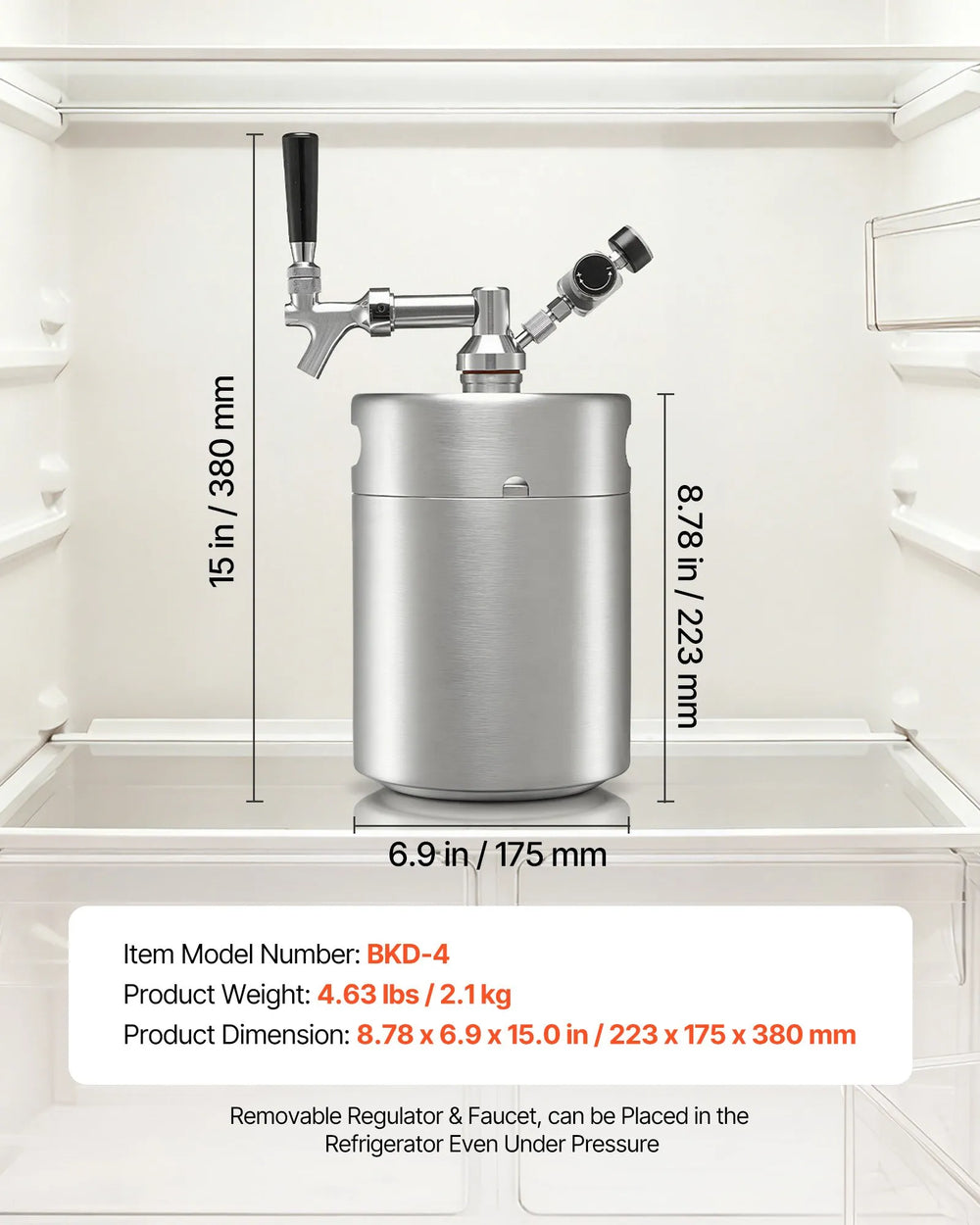 VEVOR 128oz Mini Keg, Pressurized Growler Tap System, 304 Stainless Steel Beer Kit, with Co2 Regulator, Self-Closing Faucet, Keeps Fresh and Carbonation for Homebrew, Craft and Draft Beer