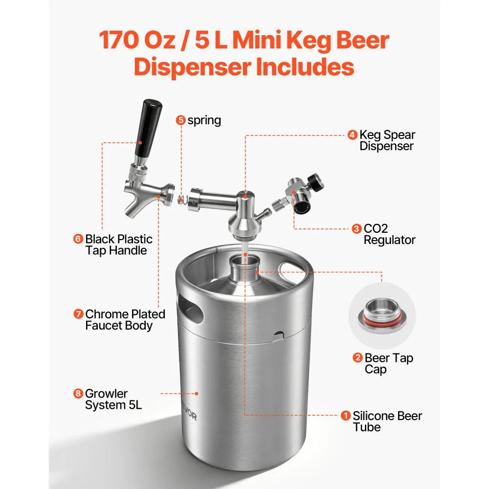 VEVOR 170oz Mini Keg, Pressurized Growler Tap System, 304 Stainless Steel Beer Kit, with Co2 Regulator, Self-Closing Faucet, Keeps Fresh and Carbonation for Homebrew, Craft and Draft Beer