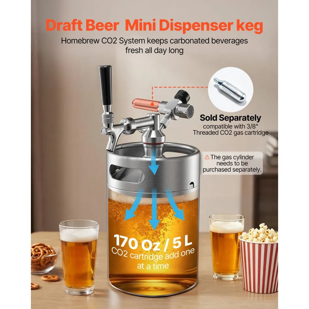 VEVOR 170oz Mini Keg, Pressurized Growler Tap System, 304 Stainless Steel Beer Kit, with Co2 Regulator, Self-Closing Faucet, Keeps Fresh and Carbonation for Homebrew, Craft and Draft Beer