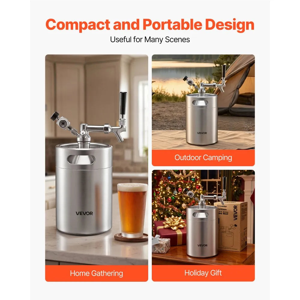 VEVOR 170oz Mini Keg, Pressurized Growler Tap System, 304 Stainless Steel Beer Kit, with Co2 Regulator, Self-Closing Faucet, Keeps Fresh and Carbonation for Homebrew, Craft and Draft Beer