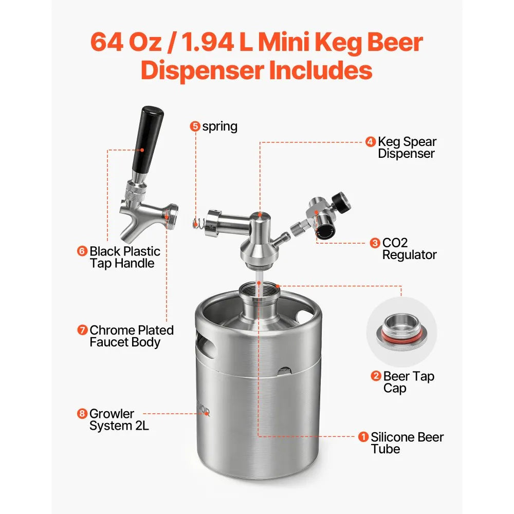 VEVOR 64oz Mini Keg, Pressurized Growler Tap System, 304 Stainless Steel Beer Kit, with Co2 Regulator, Self-Closing Faucet, Keeps Fresh and Carbonation for Homebrew, Craft and Draft Beer