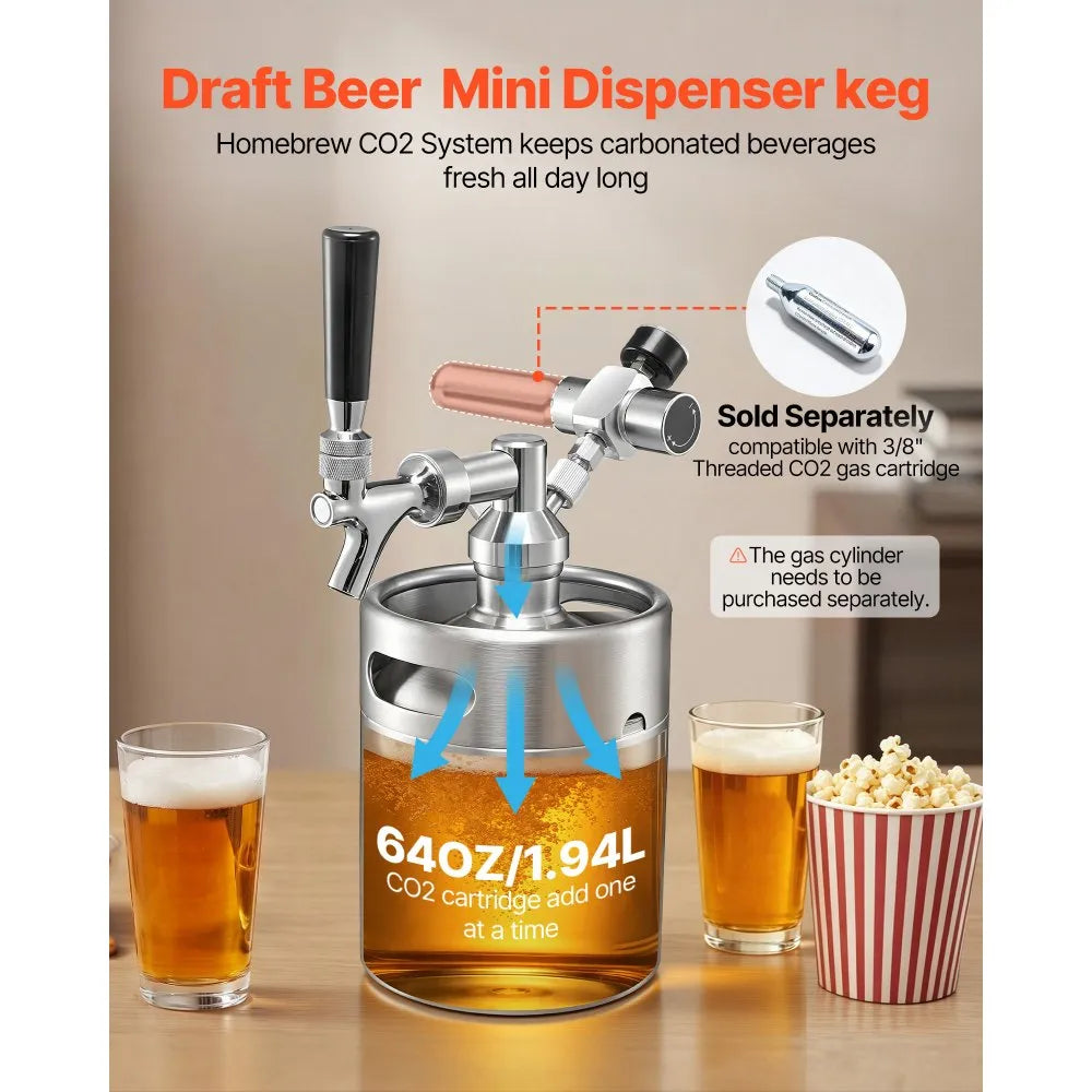 VEVOR 64oz Mini Keg, Pressurized Growler Tap System, 304 Stainless Steel Beer Kit, with Co2 Regulator, Self-Closing Faucet, Keeps Fresh and Carbonation for Homebrew, Craft and Draft Beer