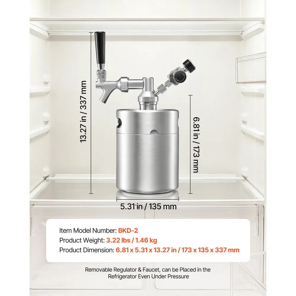 VEVOR 64oz Mini Keg, Pressurized Growler Tap System, 304 Stainless Steel Beer Kit, with Co2 Regulator, Self-Closing Faucet, Keeps Fresh and Carbonation for Homebrew, Craft and Draft Beer