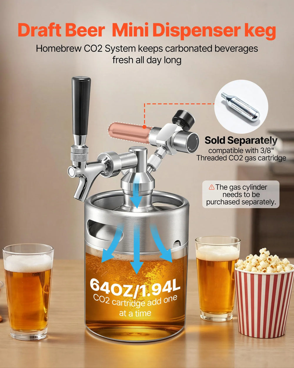 VEVOR 64oz Mini Keg, Pressurized Growler Tap System, 304 Stainless Steel Beer Kit, with Co2 Regulator, Self-Closing Faucet, Keeps Fresh and Carbonation for Homebrew, Craft and Draft Beer