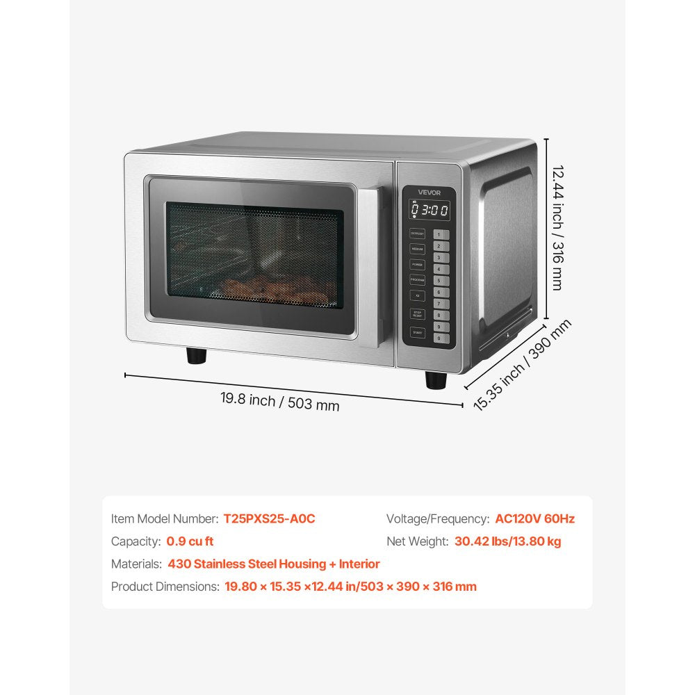 VEVOR Countertop Microwave Oven, 0.9 Cu Ft, 1000W Digital Stainless Steel Microwave Oven with Touchscreen, 10 Cooking Presets, 5 Power Levels, Multi-Lock Door & Easy Clean Interior for Commercial Use