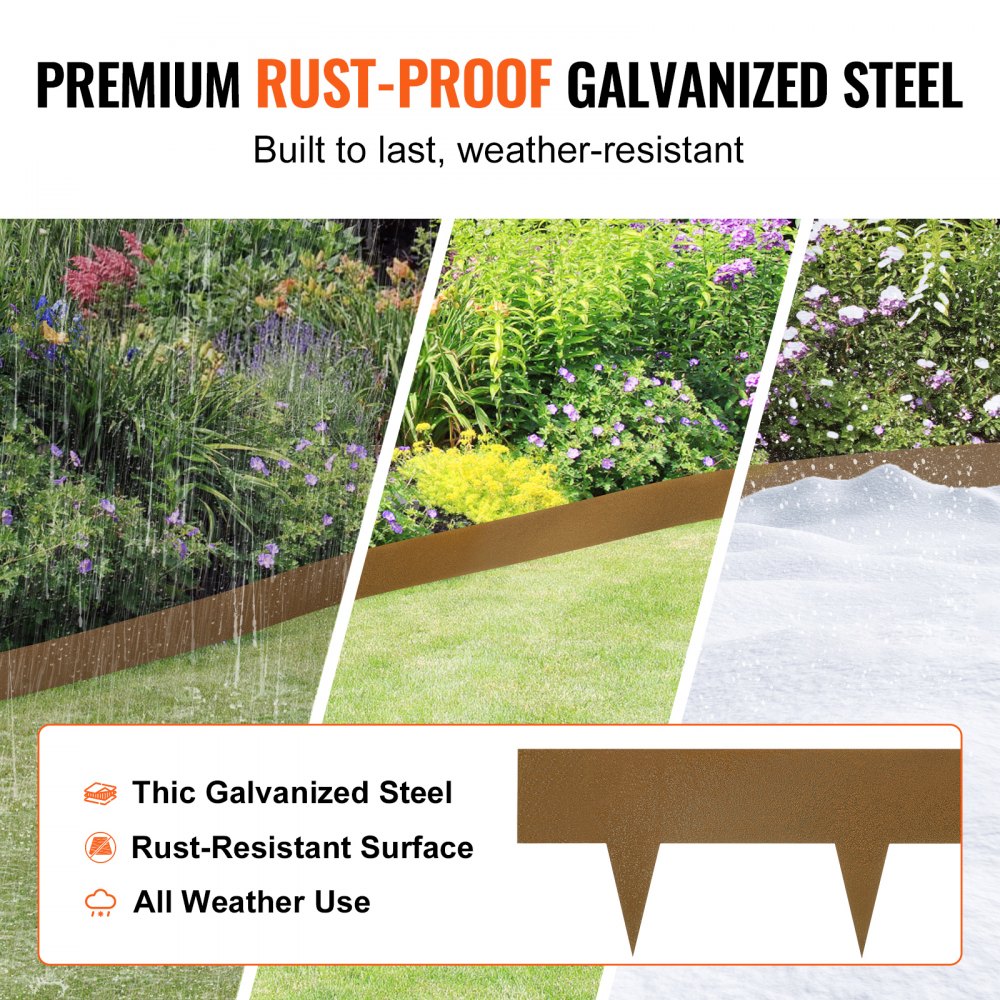 VEVOR Steel Landscape Edging, 10-pack Steel Garden Edging Borders, 39.6" L x 2" H Strips, Hammer-in Edging Border, Bendable Metal Landscape Edging for Yard, Garden, 2.5" Spike Height, Rustic Brown