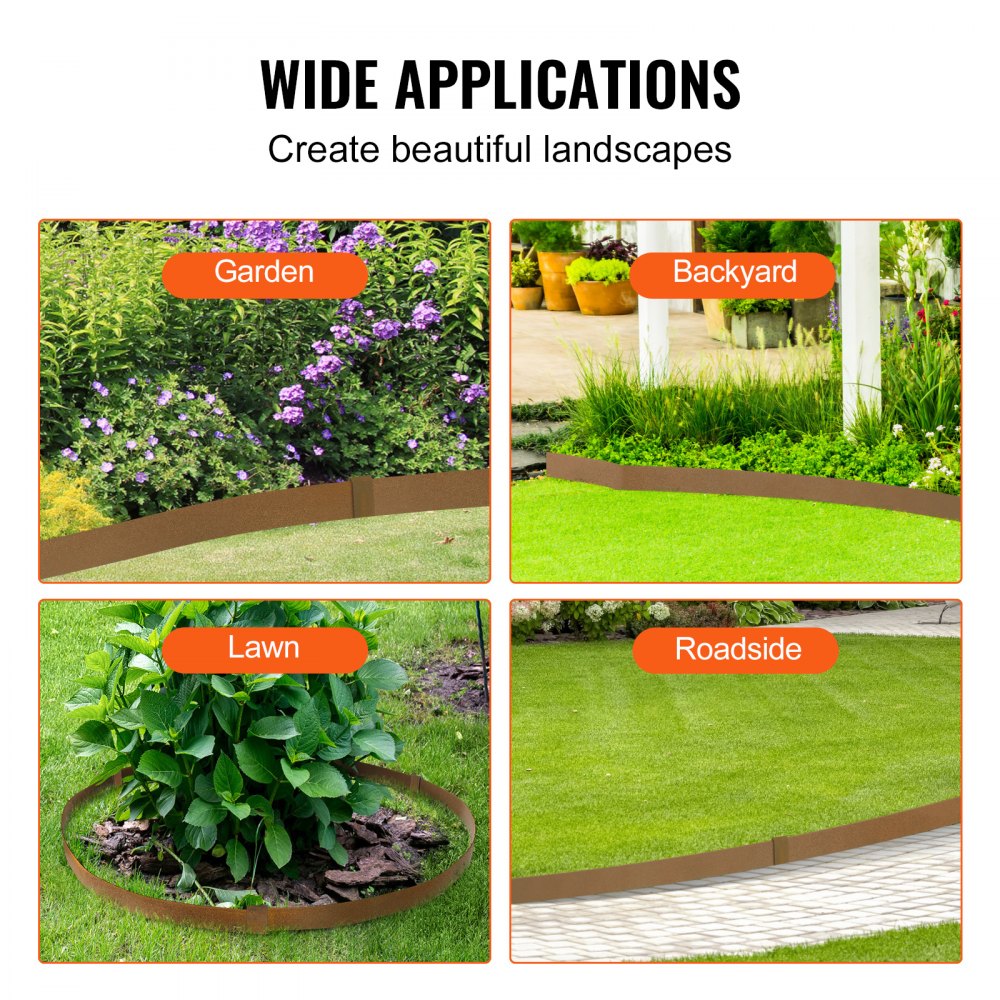 VEVOR Steel Landscape Edging, 10-pack Steel Garden Edging Borders, 39.6" L x 2" H Strips, Hammer-in Edging Border, Bendable Metal Landscape Edging for Yard, Garden, 2.5" Spike Height, Rustic Brown