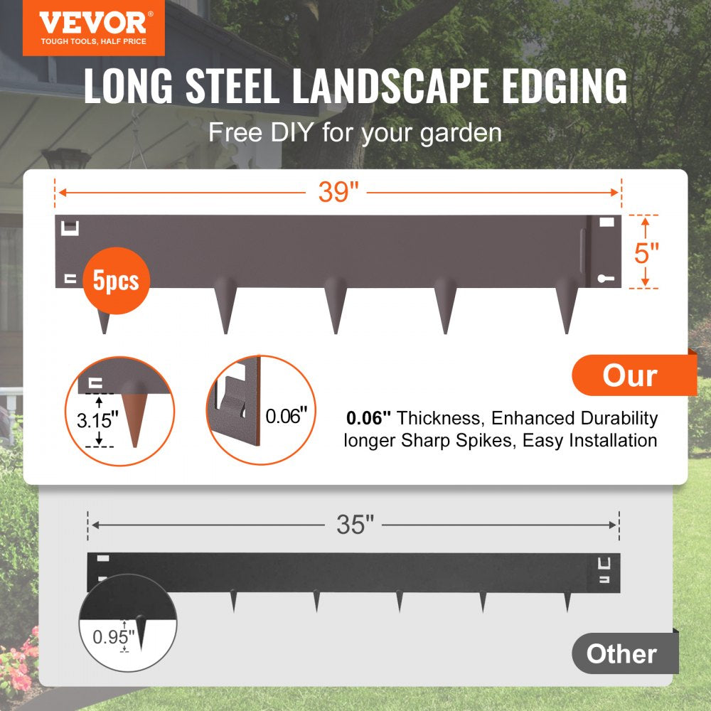 VEVOR Steel Landscape Edging, 5-pack Steel Garden Edging Borders, 39" L x 5" H Strips, Hammer-in Edging Border, Bendable Metal Landscape Edging for Yard, Garden, Lawn, 3.15" Spike Height, Brown