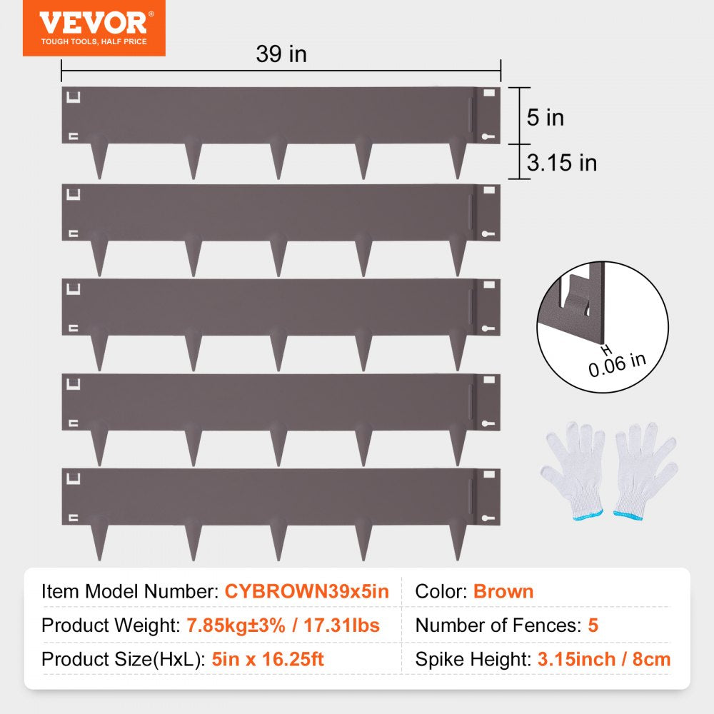 VEVOR Steel Landscape Edging, 5-pack Steel Garden Edging Borders, 39" L x 5" H Strips, Hammer-in Edging Border, Bendable Metal Landscape Edging for Yard, Garden, Lawn, 3.15" Spike Height, Brown