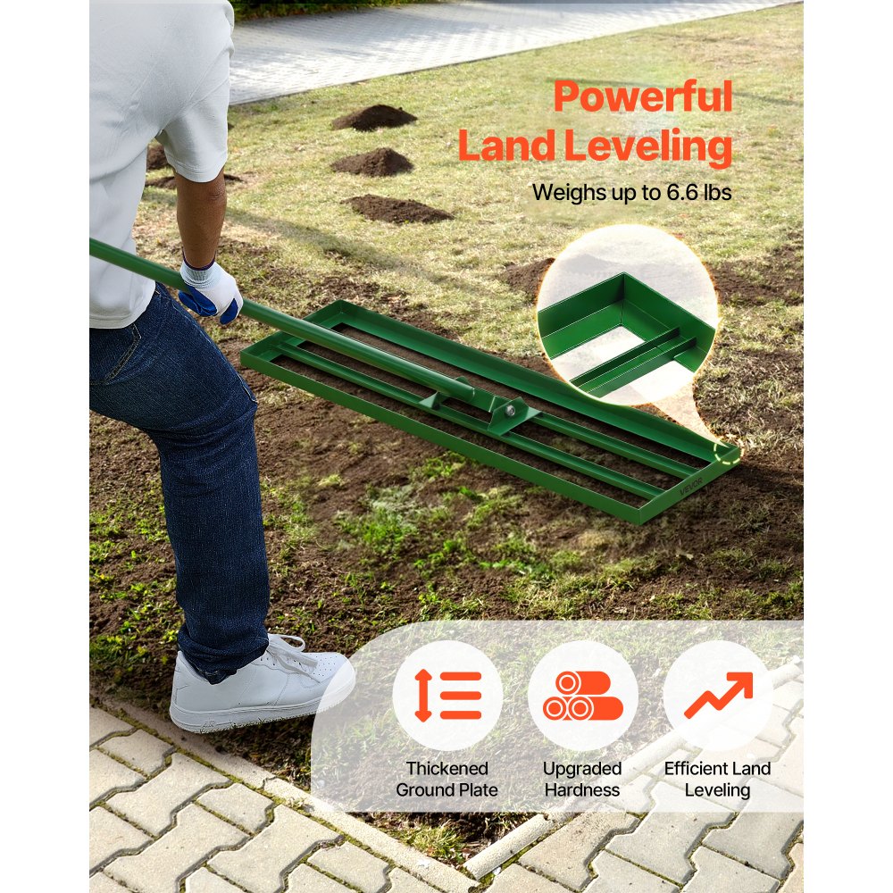 VEVOR Lawn Leveling Rake, 36"x10" Level Lawn Tool, Heavy-duty Lawn Leveler with 78" Steel Extended Handle, Yard Leveling Rake Suit for Garden, Golf Lawn, Farm