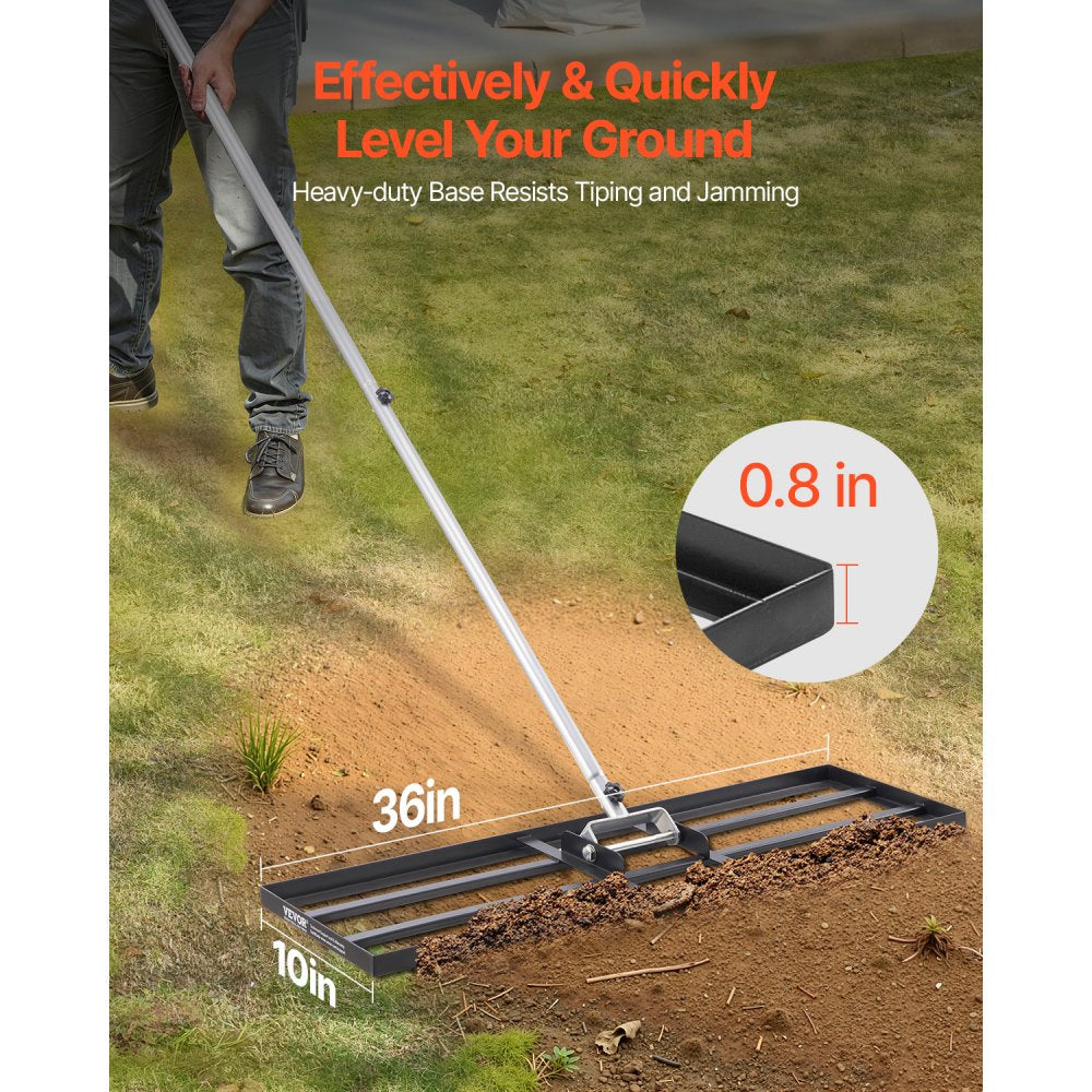 VEVOR Lawn Leveling Rake, Lawn Leveler with 83.9 in Handle, 36x10 in Ground Plate, Rust-Resistant Carbon Steel Soil Leveler, 3 Heights Adjustable, Effort Saving Lawn Leveling Tool for Yard Golf Court