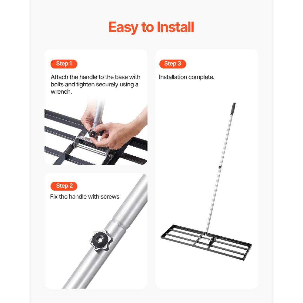 VEVOR Lawn Leveling Rake, Lawn Leveler with 83.9 in Handle, 36x10 in Ground Plate, Rust-Resistant Carbon Steel Soil Leveler, 3 Heights Adjustable, Effort Saving Lawn Leveling Tool for Yard Golf Court