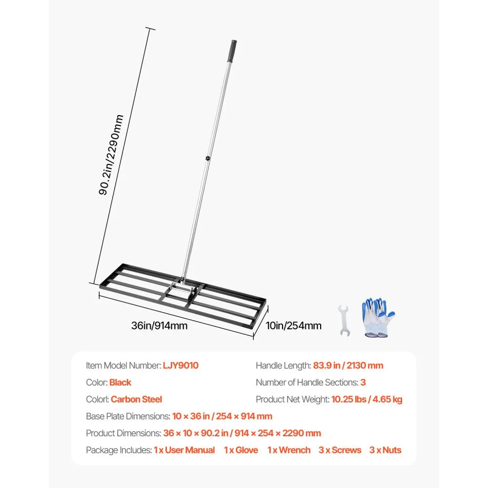 VEVOR Lawn Leveling Rake, Lawn Leveler with 83.9 in Handle, 36x10 in Ground Plate, Rust-Resistant Carbon Steel Soil Leveler, 3 Heights Adjustable, Effort Saving Lawn Leveling Tool for Yard Golf Court