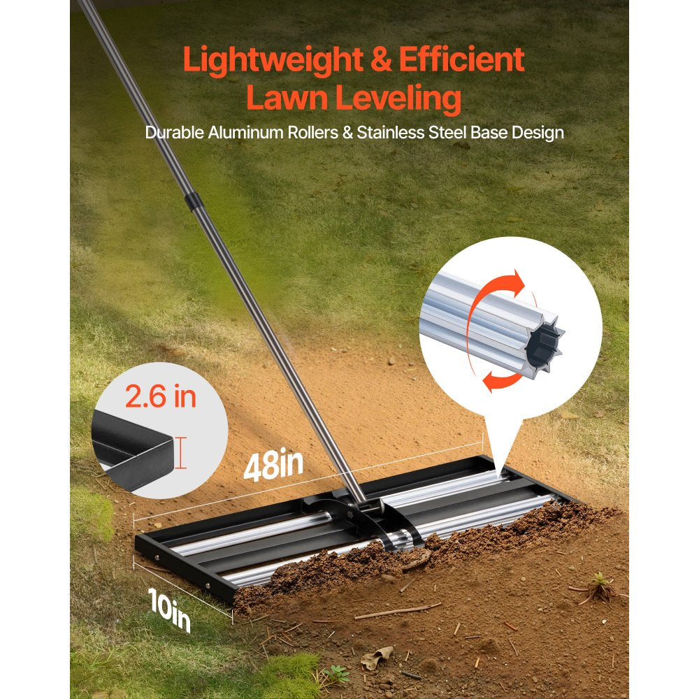VEVOR Updated Lawn Leveling Rake with Roller, 48'' x 10" Stainless Steel Lawn Leveler with 83.9'' Adjustable Handle, Heavy Duty Yard Leveling Rake, Effort Saving Lawn Leveling Tool for Yard Golf Court