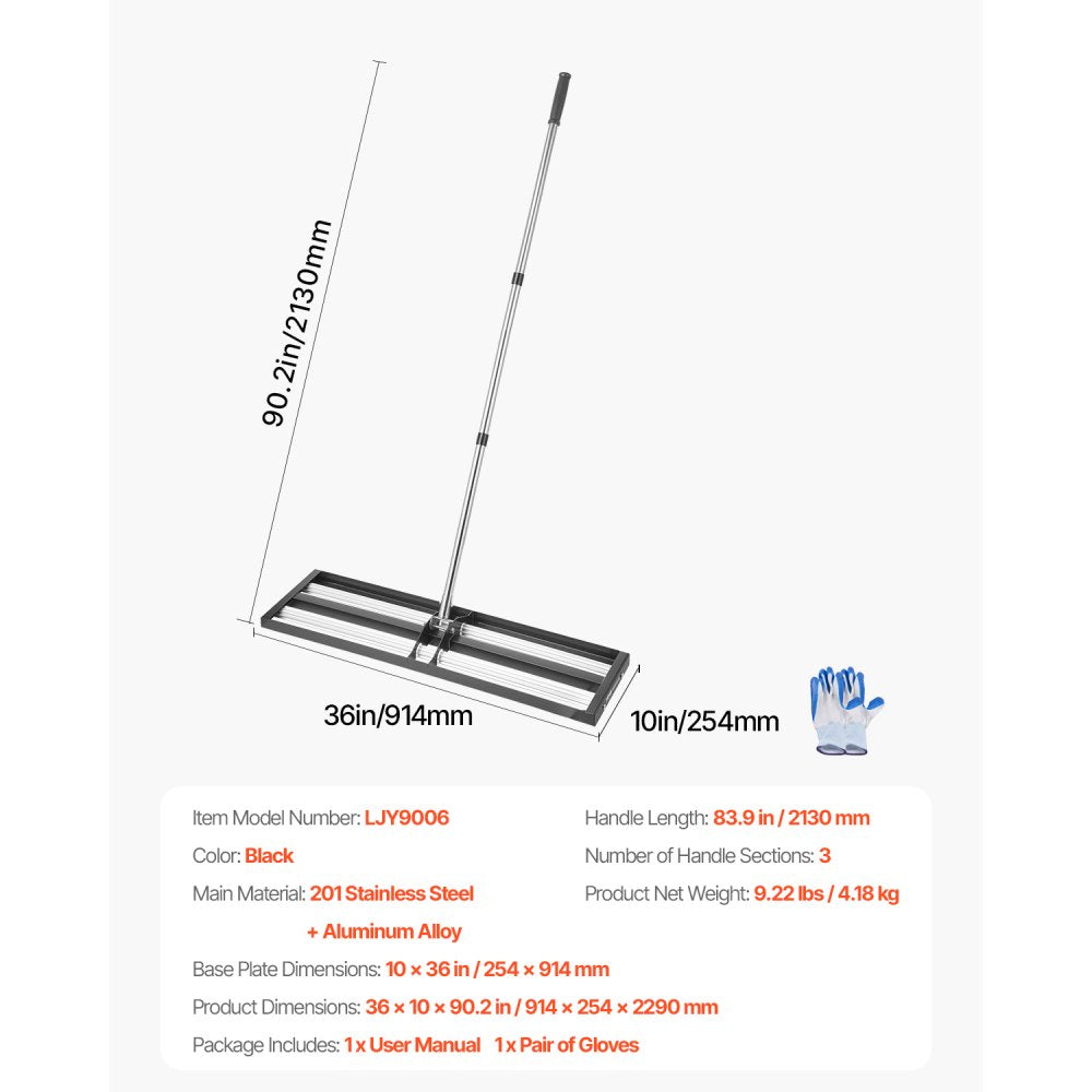 VEVOR Updated Lawn Leveling Rake with Roller, 36" x 10" Stainless Steel Lawn Leveler with 83.9" Adjustable Handle, Heavy Duty Yard Leveling Rake, Effort Saving Lawn Leveling Tool for Yard Golf Court