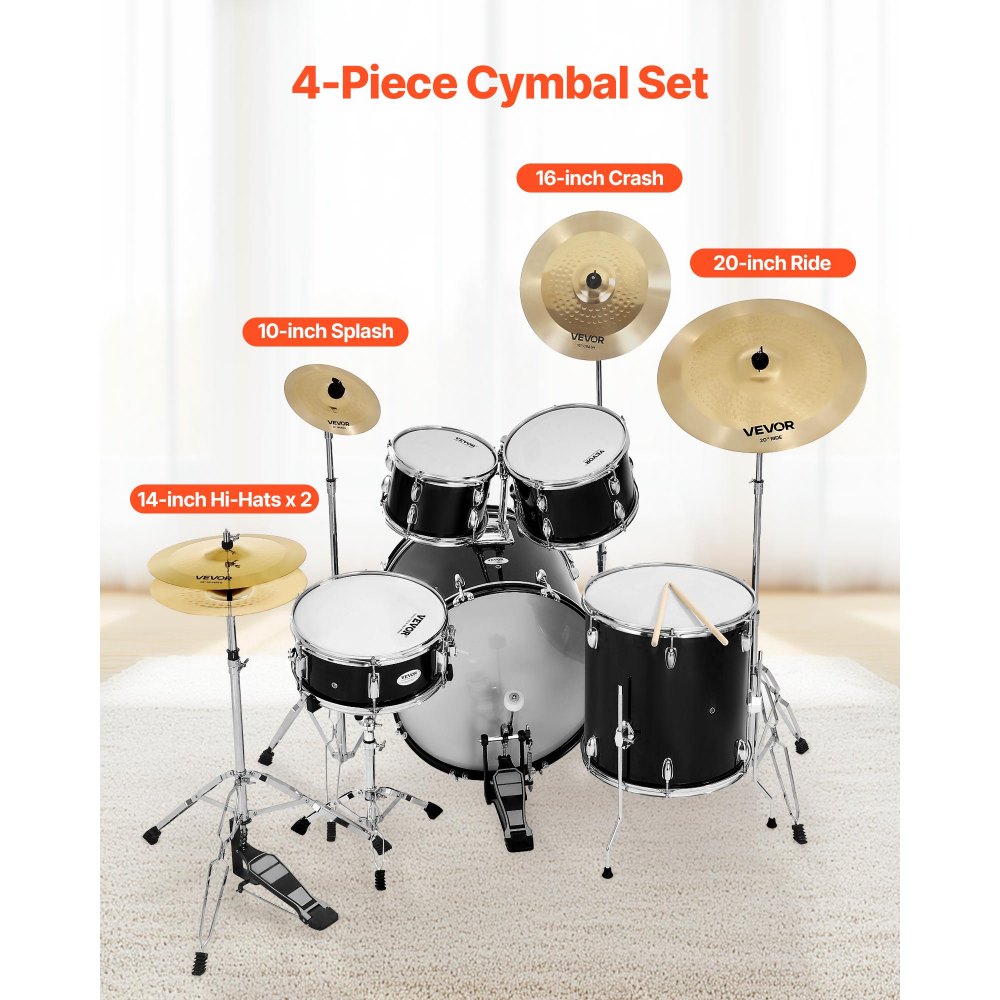 VEVOR Cymbal Pack, 4 Pieces Cymbals for Drum Set, Alloy Cymbals Drum Set Includes 14-inch Hi-Hats, 16-inch Crash, 20-inch Ride, 10-inch Splash, Drumsticks & Cymbal Bag, Alloy Cymbal Pack for Drummer