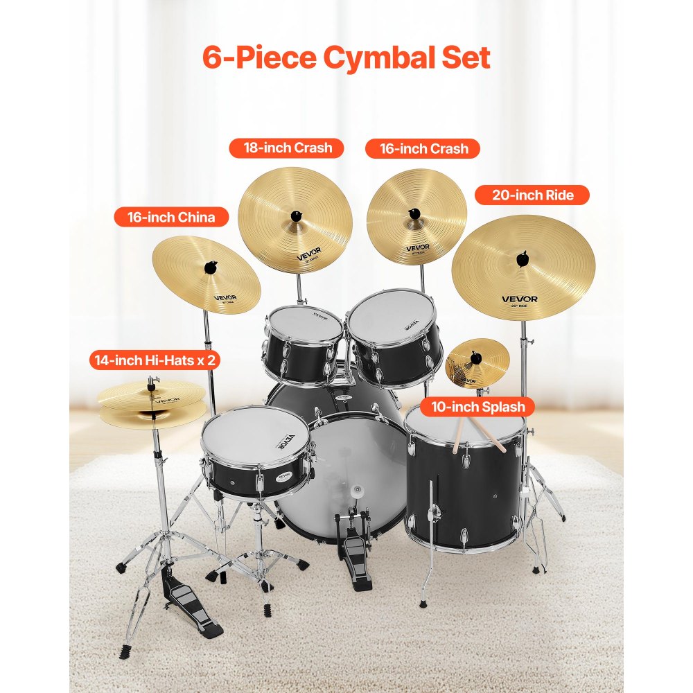 VEVOR Cymbal Pack, 6 Pieces Cymbals for Drum Set, Alloy Cymbals Drum Set Includes 14-inch Hi-Hats, 16-inch Crash, 18-inch Crash, 20-inch Ride, 10-inch Splash, 16-inch China, Drumsticks & Cymbal Bag