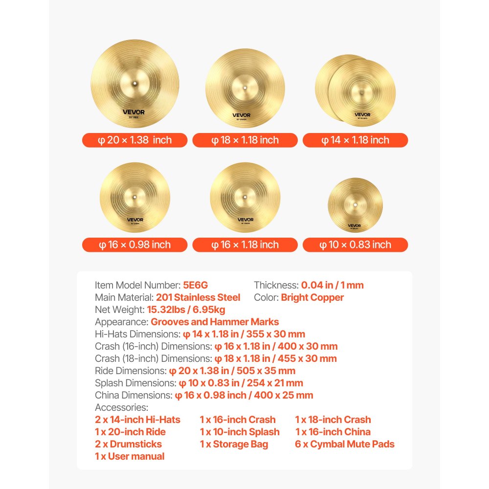 VEVOR Cymbal Pack, 6 Pieces Cymbals for Drum Set, Alloy Cymbals Drum Set Includes 14-inch Hi-Hats, 16-inch Crash, 18-inch Crash, 20-inch Ride, 10-inch Splash, 16-inch China, Drumsticks & Cymbal Bag