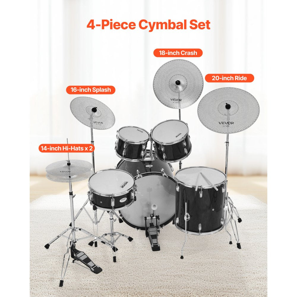 VEVOR Low Volume Cymbal Pack, 4 Pieces Quiet Cymbals for Drum Set, Alloy Cymbals Drum Set Includes 14-inch Hi-Hats, 16-inch Crash, 18-inch Crash, 20-inch Ride, Drumsticks & Cymbal Bag, Bright Copper