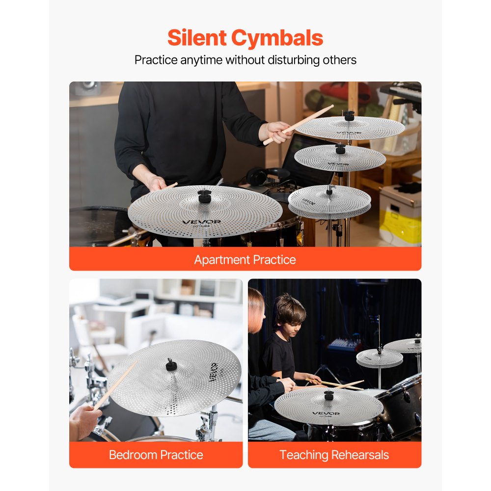 VEVOR Low Volume Cymbal Pack, 4 Pieces Quiet Cymbals for Drum Set, Alloy Cymbals Drum Set Includes 14-inch Hi-Hats, 16-inch Crash, 18-inch Crash, 20-inch Ride, Drumsticks & Cymbal Bag, Bright Copper