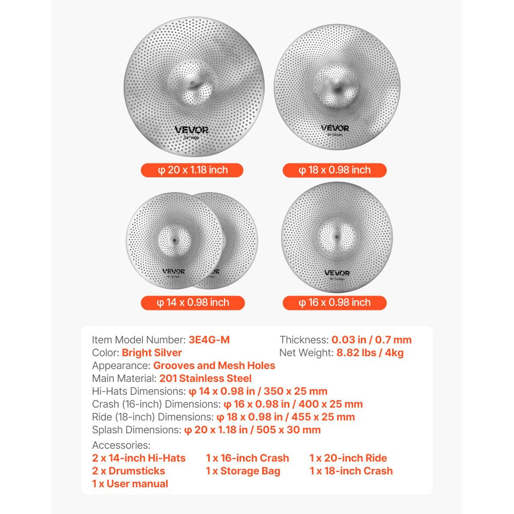 VEVOR Low Volume Cymbal Pack, 4 Pieces Quiet Cymbals for Drum Set, Alloy Cymbals Drum Set Includes 14-inch Hi-Hats, 16-inch Crash, 18-inch Crash, 20-inch Ride, Drumsticks & Cymbal Bag, Bright Copper