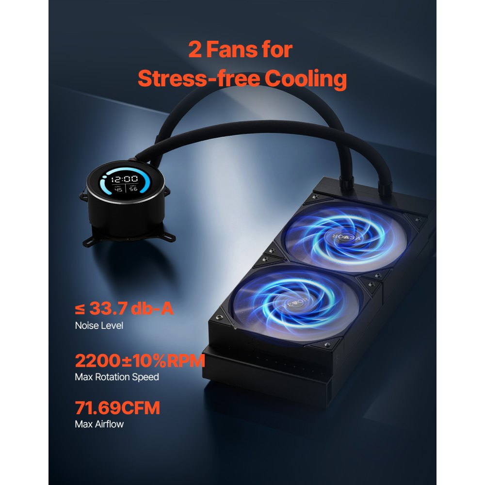 VEVOR CPU Liquid Cooler, AIO CPU Water Cooler - 120mm PWN Fans, Pump, 1.8'' Display, Max. 2200RPM CPU Cooling Fan, Efficient Black PC Water Cooler for Intel 115X/1366/2011/1700/1200, AMD AM4/AM5
