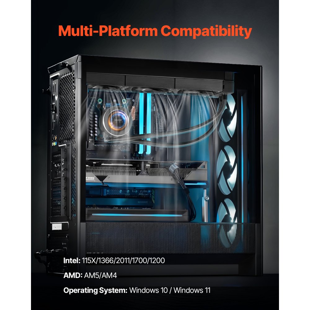 VEVOR CPU Liquid Cooler, AIO CPU Water Cooler - 3 x 120mm PWN Fans, Pump & 2.1'' LCD Display, Max 2200PRM Black CPU Cooling Fan, Compatible for Intel 115X/1366/2011/1700/1200, AMD AM4/AM5