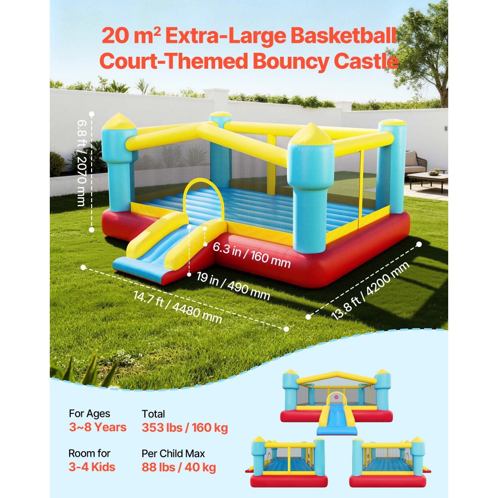 VEVOR Inflatable Bounce House, 14.7 x 13.8 x 6.8 ft Jumping Bouncy Castle, Inflatable Jumper for Kids with Slide, Basketball Hoop, Target Game & Jumping Area, Jumpings House Holds 3-4 Kids (Ages 3-8)