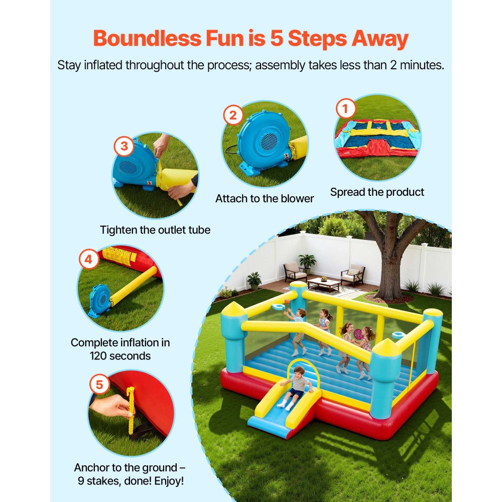 VEVOR Inflatable Bounce House, 14.7 x 13.8 x 6.8 ft Jumping Bouncy Castle, Inflatable Jumper for Kids with Slide, Basketball Hoop, Target Game & Jumping Area, Jumpings House Holds 3-4 Kids (Ages 3-8)