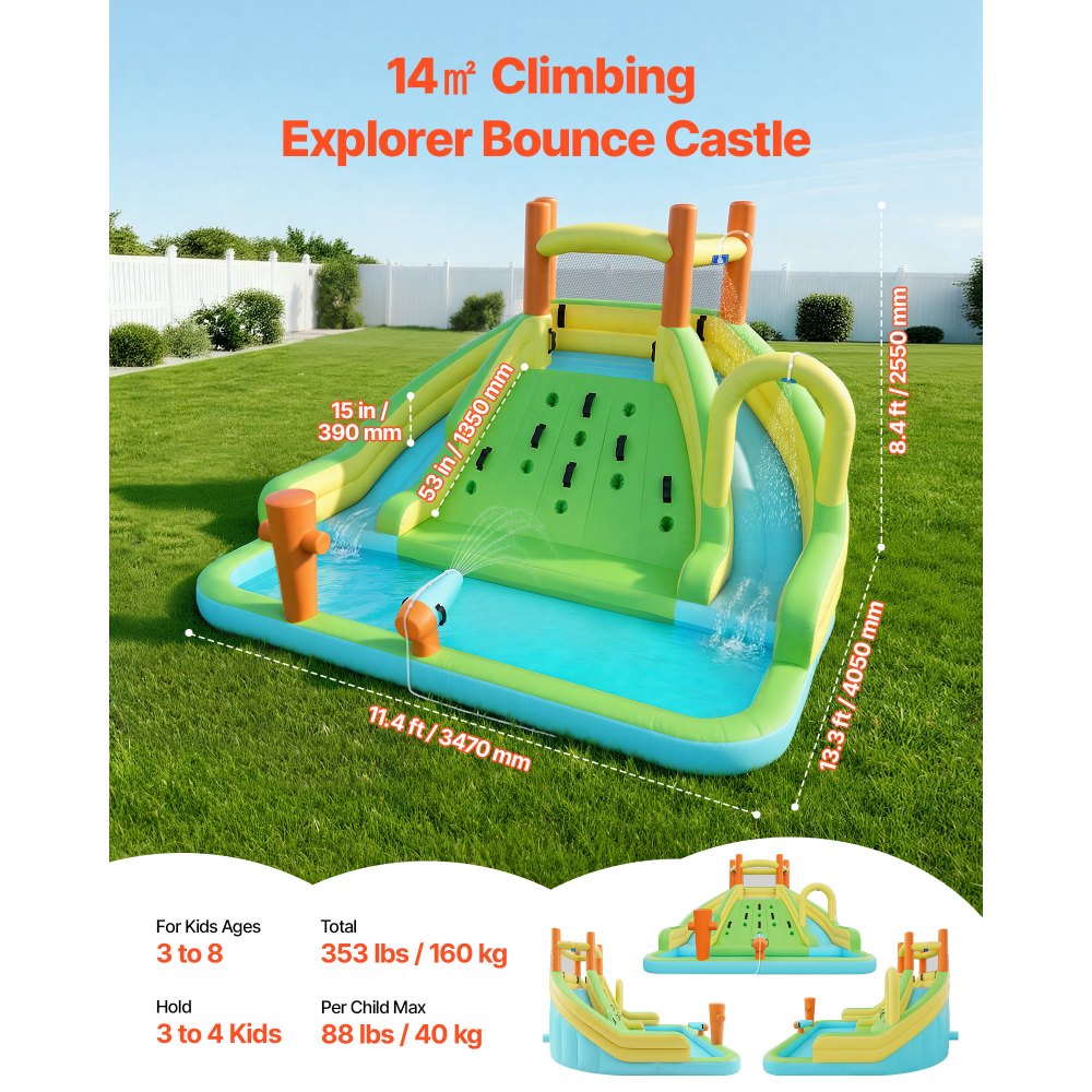 VEVOR Inflatable Bounce House, 13.3 x 11.4 x 8.4 ft Inflatable Bounce House Water Slide, Bouncer Castle with Climbing Wall, Double Tall Slides, Splash Pool & Mini Soccer, for 3 to 4 Kids Ages 3 to 8