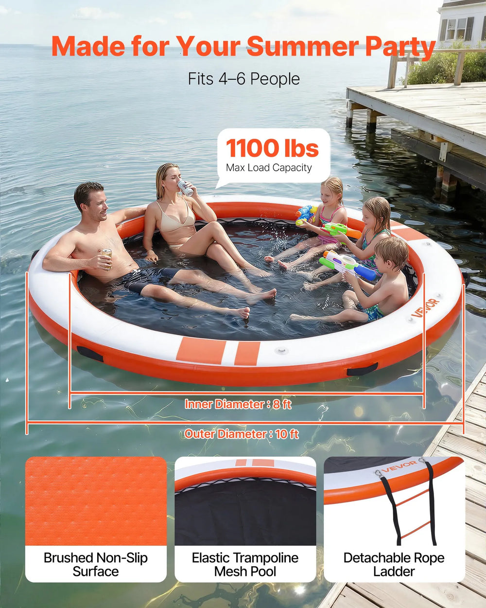 VEVOR Inflatable Floating Dock, 10 FT Inflatable Dock Platform, Non-Slip Water Air Mat with Portable Carrying Bag & Detachable Ladder, Floating Water Platform Island Raft for Pool Beach Ocean, Orange