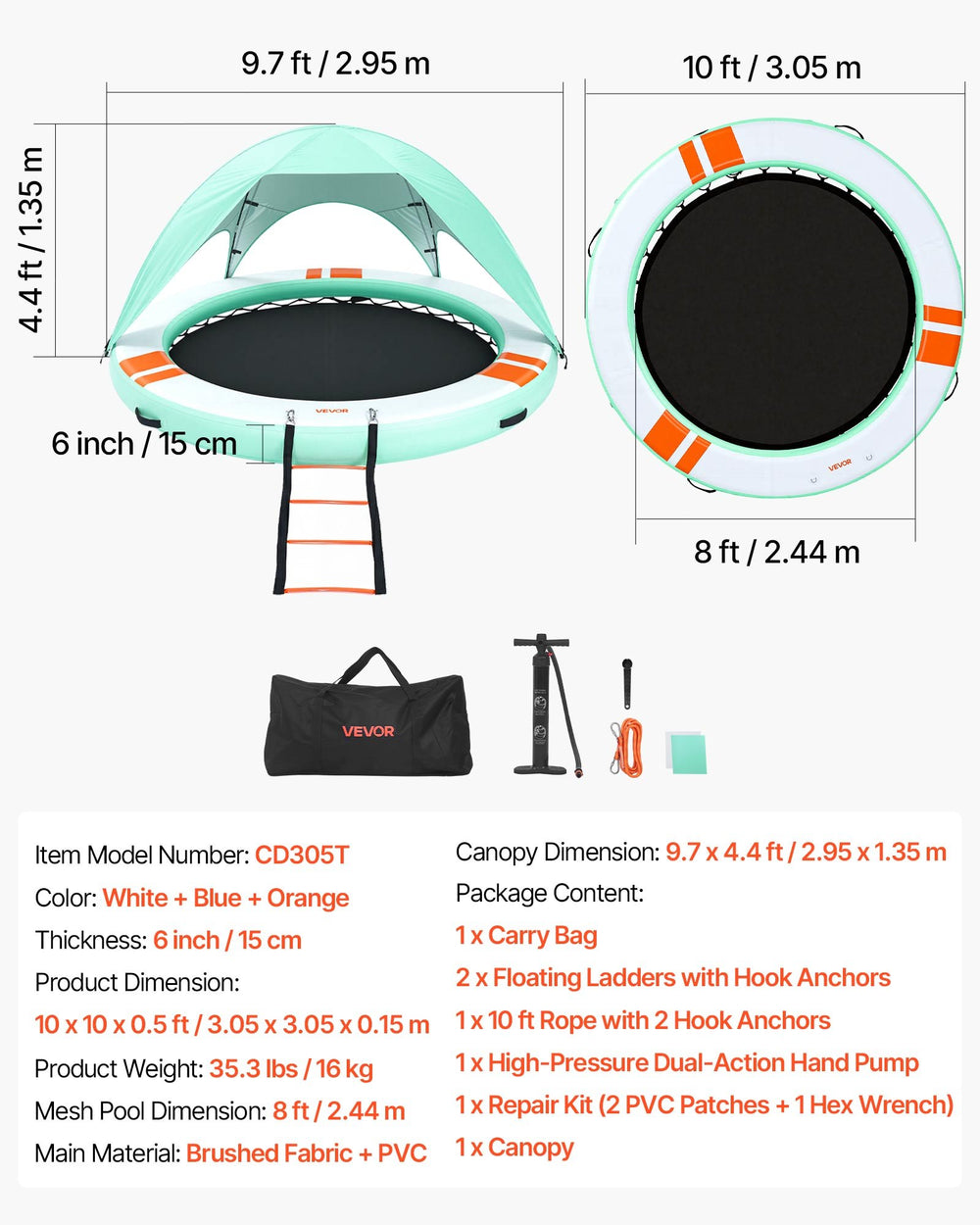 VEVOR Inflatable Floating Dock, 10FT Round Inflatable Dock Platform, Non-Slip Water Floating Mat with Portable Carrying Bag & Detachable Ladder, Platform Island Raft for Pool Beach Ocean