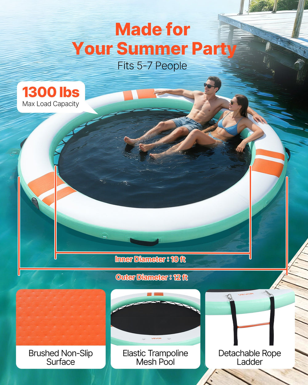 VEVOR Inflatable Floating Dock, 12 FT Round Inflatable Dock Platform, Non-Slip Water Air Mat with Portable Carrying Bag and Detachable Ladder, Floating Water Platform Island Raft for Pool Beach Ocean