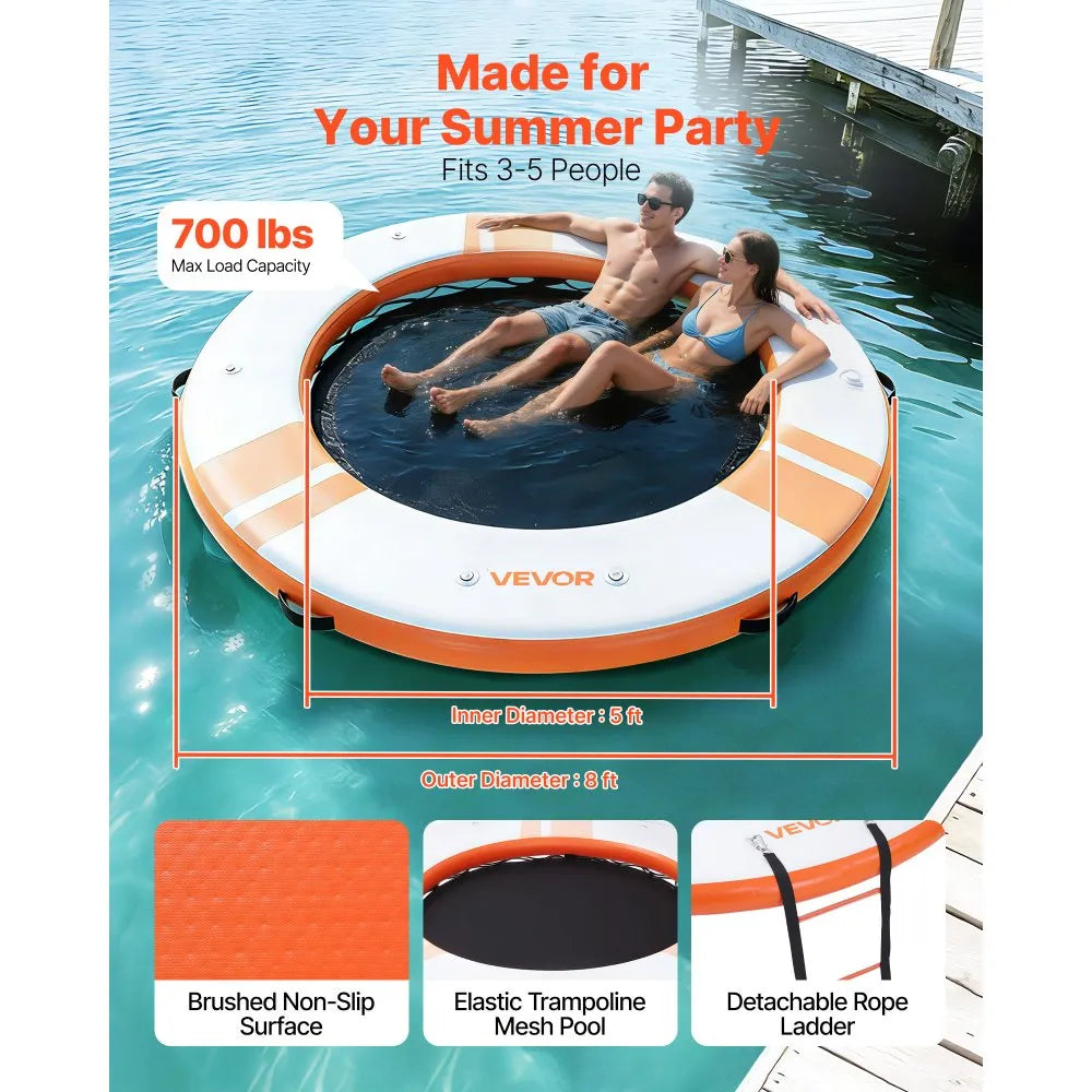 VEVOR Inflatable Floating Dock, 8 FT Inflatable Dock Platform, Non-Slip Water Air Mat with Portable Carrying Bag and Detachable Ladder, Floating Water Platform Island Raft for Pool Beach Ocean, Orange
