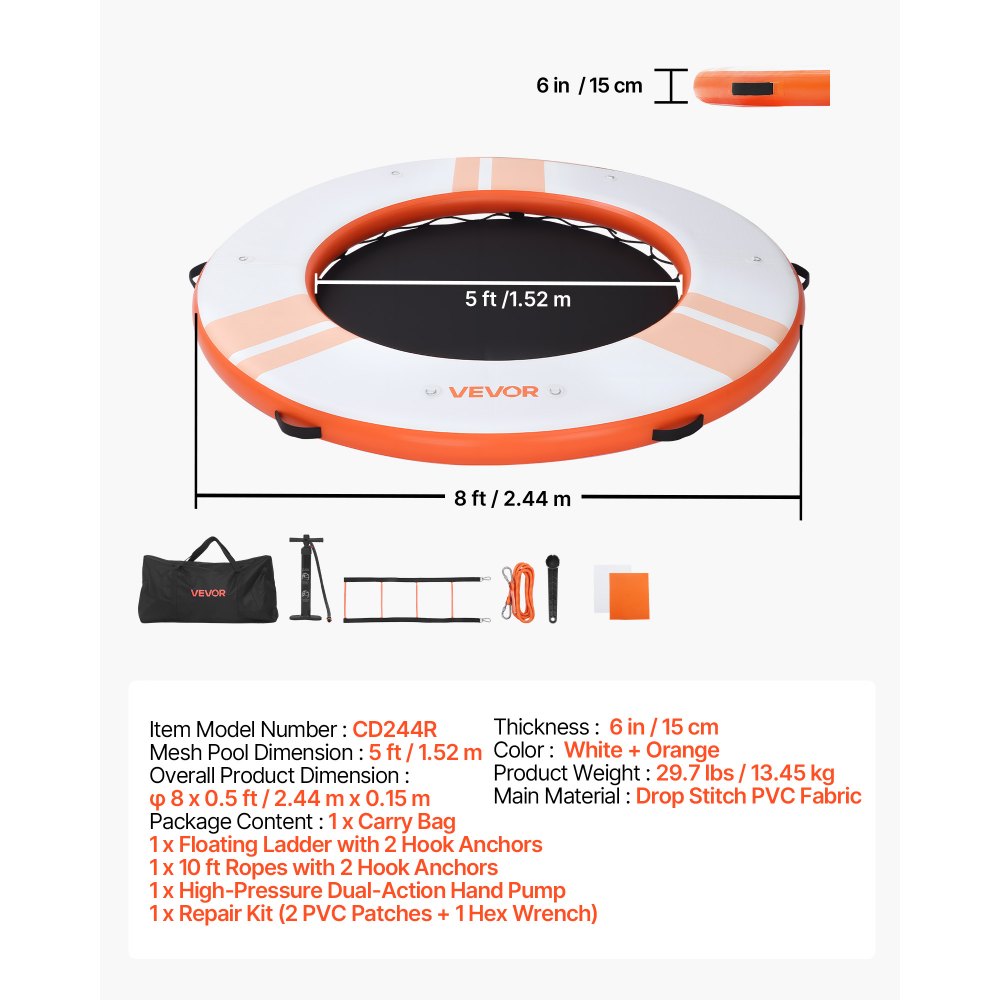 VEVOR Inflatable Floating Dock, 8 FT Inflatable Dock Platform, Non-Slip Water Air Mat with Portable Carrying Bag and Detachable Ladder, Floating Water Platform Island Raft for Pool Beach Ocean, Orange