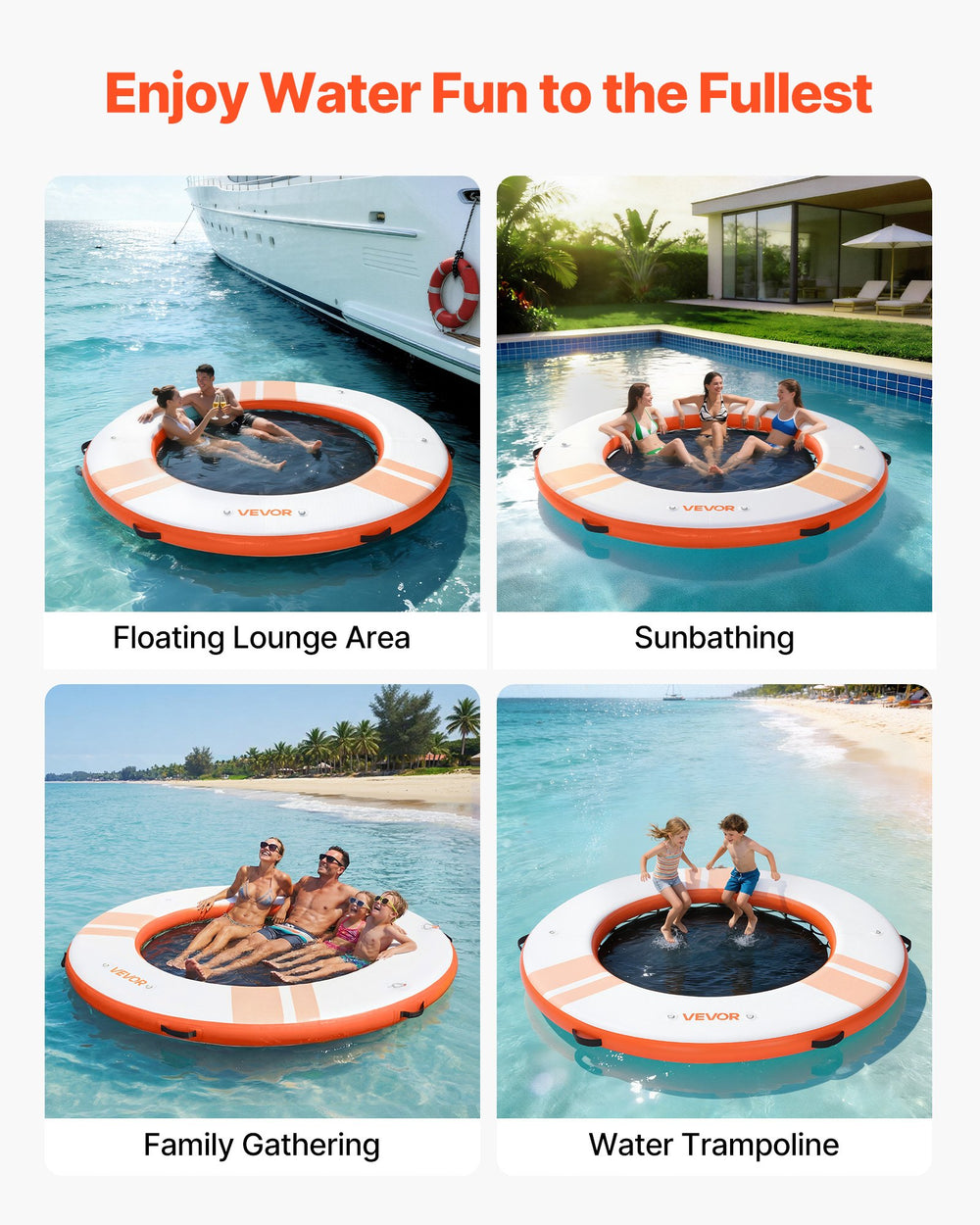 VEVOR Inflatable Floating Dock, 8 FT Inflatable Dock Platform, Non-Slip Water Air Mat with Portable Carrying Bag and Detachable Ladder, Floating Water Platform Island Raft for Pool Beach Ocean, Orange