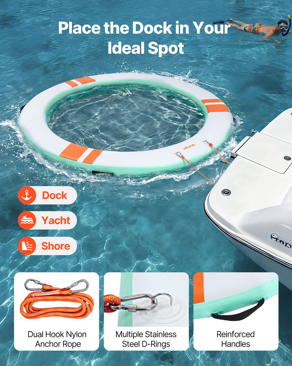 VEVOR Inflatable Floating Dock, 8 FT Round Inflatable Dock Platform, Non-Slip Water Floating Mat with Portable Carrying Bag & Detachable Ladder, Platform Island Raft for Pool Beach Ocean