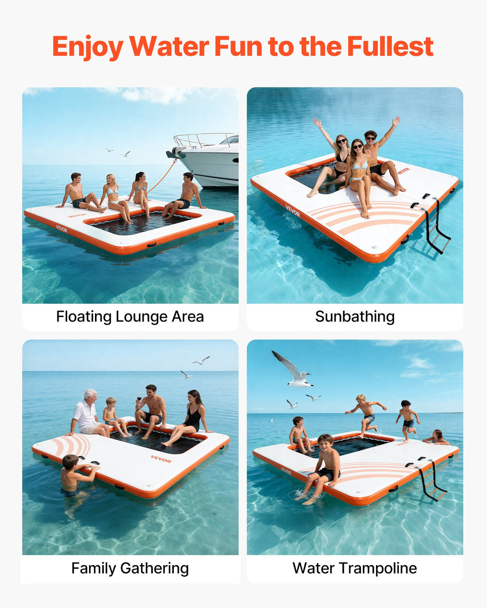 VEVOR Inflatable Floating Dock use cases: lounge, sunbathing, family gathering and water trampoline